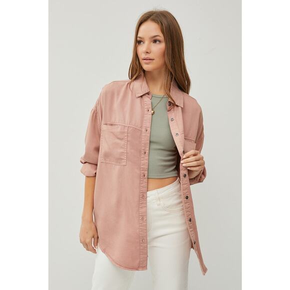 RISEN Button Up Long Sleeves Chest Pockets Relaxed Fit Denim Shirt | Mauve - Picture 5 of 6